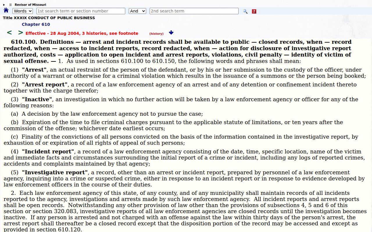 Missouri arrest and incident record law