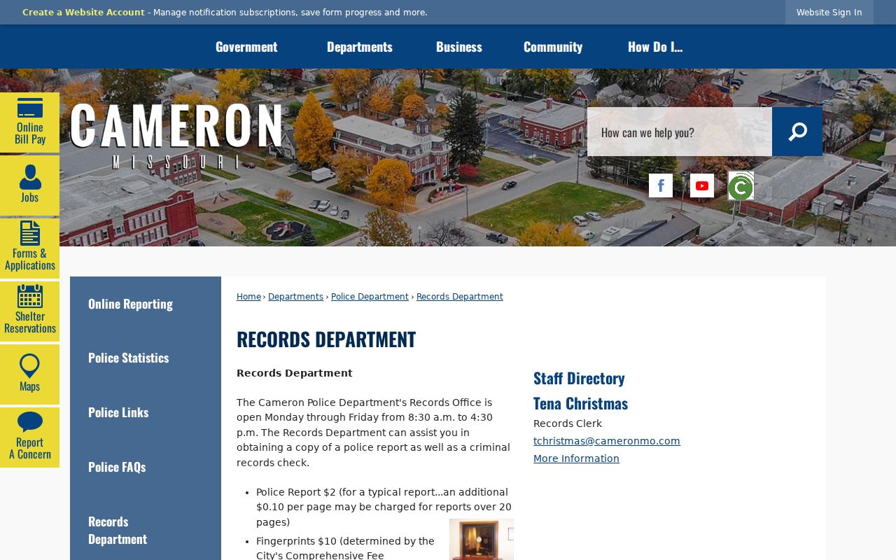 Cameron official police records page